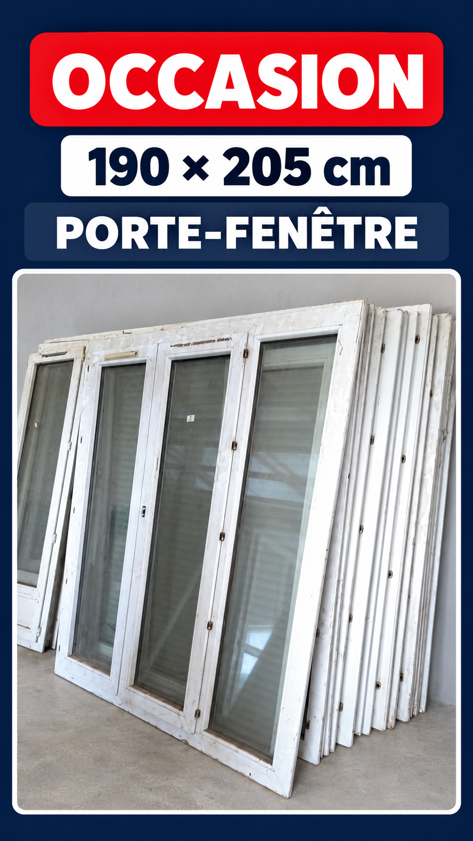 Porte-fenêtre PVC d’occasion 190 × 205 cm disponible à Thiès